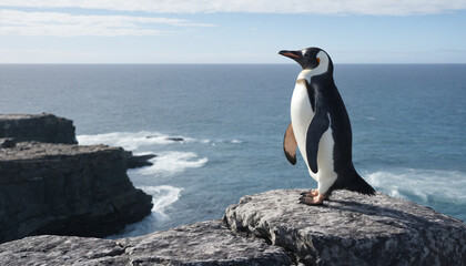 Obraz premium A penguin standing tall on a rocky cliff overlooking the ocean.