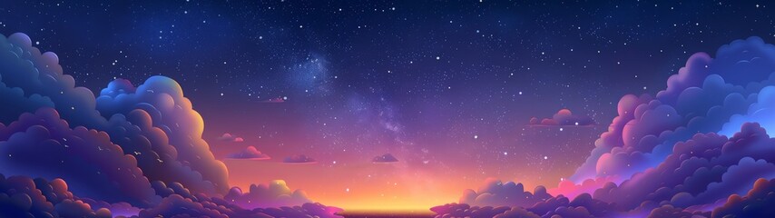 Naklejka premium Starry Night Sky with Dreamy Clouds, a seamless illustration featuring a vast expanse of twinkling stars, soft, ethereal clouds, and gentle gradient hues creating a serene atmosphere