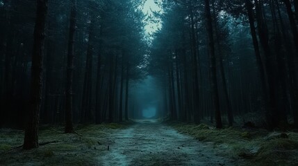 Fototapeta premium The interior of the pine forest is dark and eerie