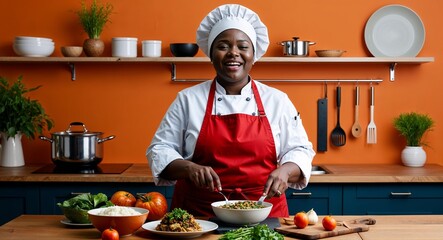 African personal chef preparing meals satisfied expression apron and kitchen attire solid orange background chubby build early forties female