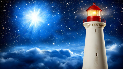 Lighthouse in the Night Sky, stars, clouds, ocean, sea, coast