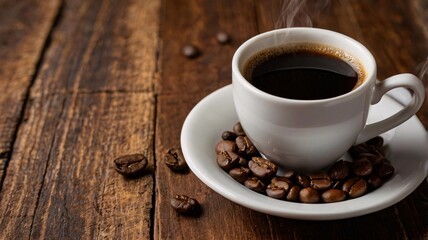 Fototapeta premium Cup of Coffee with Steam and Coffee Beans on Wooden Table.