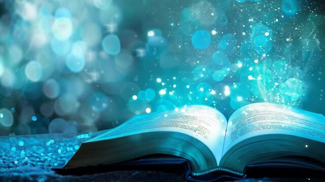 An open book emitting magical light and sparkles, set against a bokeh background, symbolizing fantasy, knowledge, and imagination.

