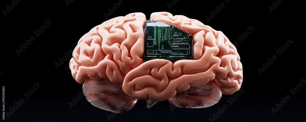 Poster a digital representation of a human brain merged with a circuit board, symbolizing the intersection 
