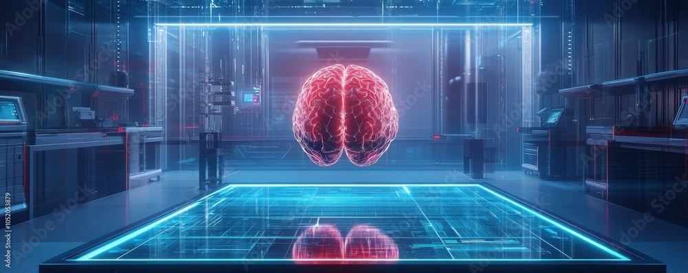 Poster a glowing, abstract representation of a brain displayed in a high-tech, futuristic laboratory settin