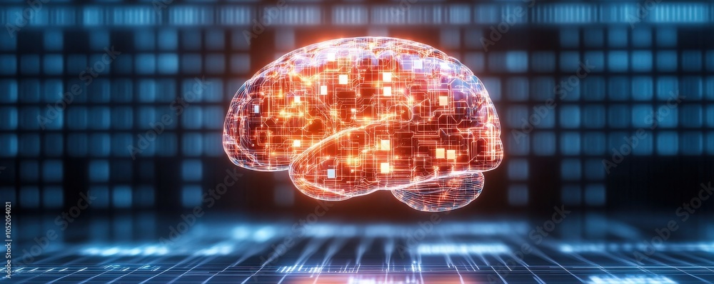 Poster a digital representation of a brain, glowing with data circuits, symbolizing artificial intelligence