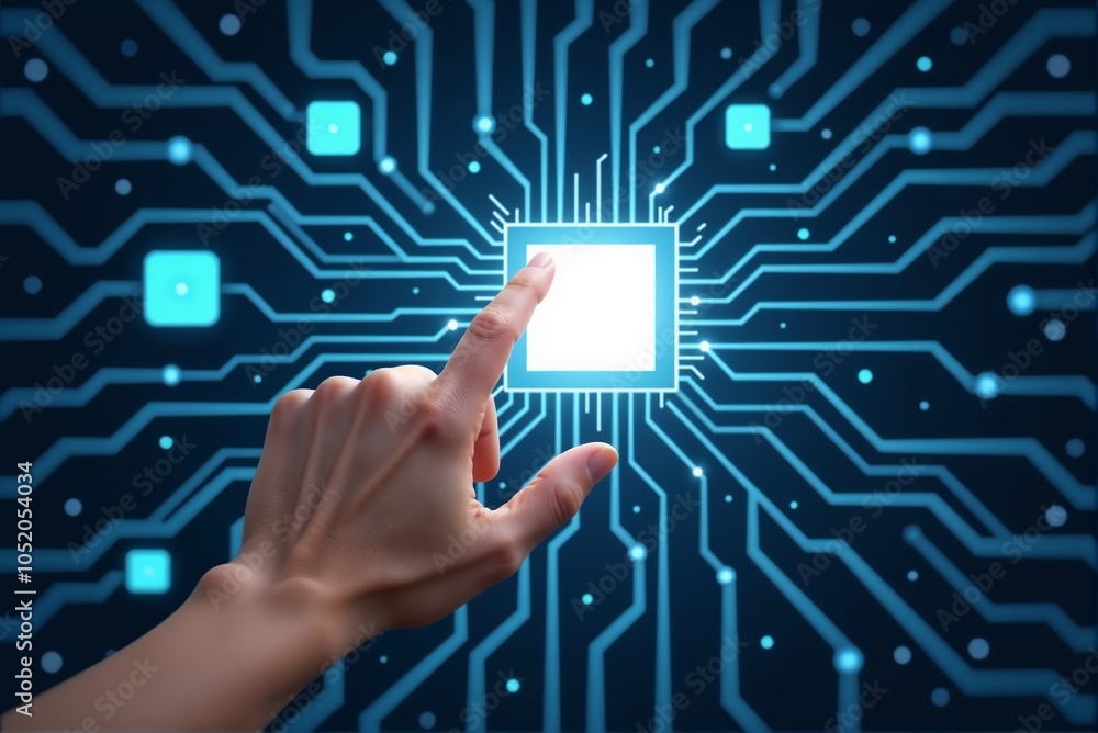 Poster a hand points at a computer chip on a circuit board
