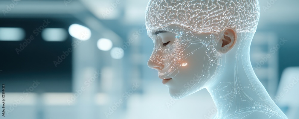 Poster a futuristic, robotic head with glowing digital patterns, symbolizing advanced technology and artifi