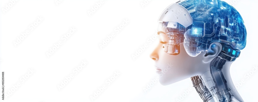 Poster a futuristic depiction of a humanoid robot, featuring a digital interface and intricate circuitry, s