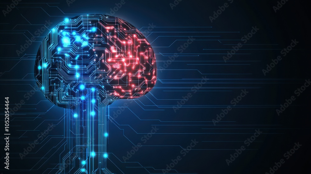 Poster a visually striking representation of a brain made from blue and red circuits, symbolizing artificia