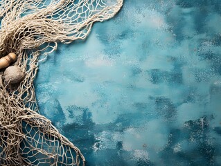 Rustic Fishing Net and Bobber on Blue Background