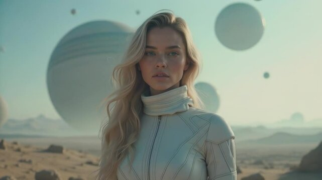 A futuristic astronaut woman with blonde hair stands on a desolate, alien desert landscape surrounded by large, hovering spheres. She wears a sleek, high-collared white spacesuit, looking intently ahe