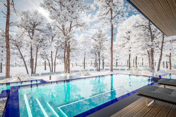 3d rendering of modern two story house with gray and wood accents, large windows, parking space in the right side of the building. Cool winter day with shiny white snow