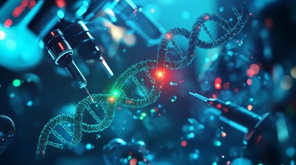 DNA strand surrounded by scientific instruments and glowing particles.