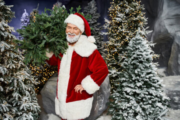 A cheerful figure in a traditional red suit holds greenery, surrounded by sparkling snowy trees.