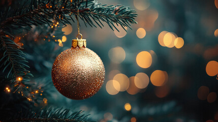 A gold ornament hangs from a Christmas tree. The tree is lit up with lights and the ornament is the center of attention
