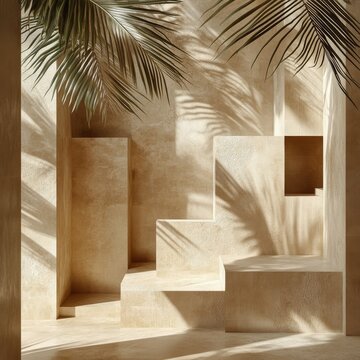 A modern sandy interior with textured walls and palm shadows in a serene setting