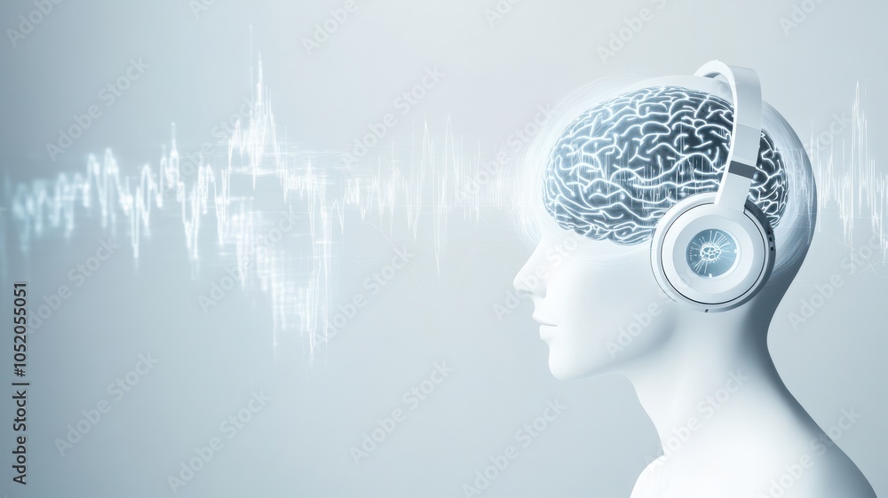 Poster a futuristic representation of a human head with a visible brain and headphones, symbolizing the con