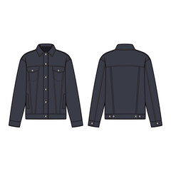 Naklejka premium Front and back view technical flat of a classic denim jacket with buttoned chest pockets, collar, and adjustable waistband, illustrated in a minimalist outline style. 