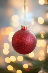 Fototapeta premium A red ornament hanging from a tree with a gold chain. The ornament is shiny and has a glittery appearance