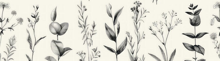 Botanical Serenity, a seamless pattern featuring intricate sketches of leaves and flowers in soft cream, enhancing spaces with a calming, organic aesthetic.