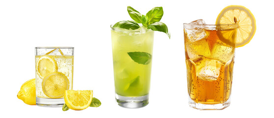 Chilled kombucha amber served with a slice of lemon, cocktail or lemonade with mint or basil isolated on white transparent background, refreshing summer drink