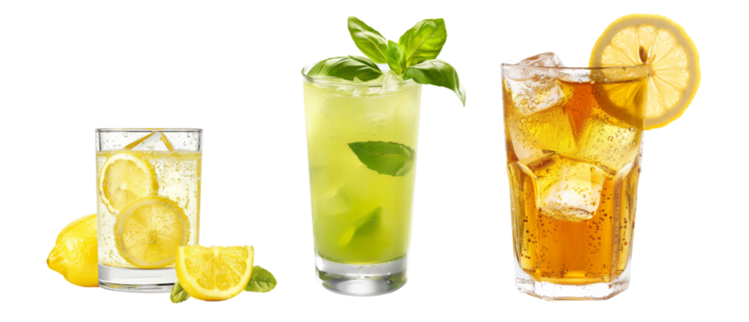 Chilled kombucha amber served with a slice of lemon, cocktail or lemonade with mint or basil isolated on white transparent background, refreshing summer drink