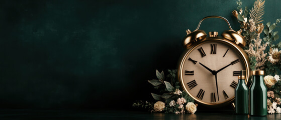 large vintage alarm clock with golden finish sits elegantly against dark green background, surrounded by delicate flowers and decorative bottles, creating serene atmosphere