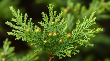Fototapeta premium An Intricate Close-Up of Thuja Occidentalis Revealing the Beauty of Its Leaf Structures and Growth Patterns in a Peaceful Park