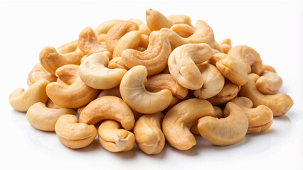 close-up of roasted cashews, highlighting their rich, buttery color isolated white background Cashews: a versatile ingredient for both sweet and savory dishes.