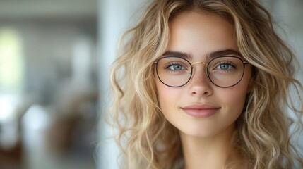Obraz premium confident young blonde businesswoman smiling warmly at the camera, showcasing her curly hair and stylish glasses, set against a light-filled indoor environment for a professional touch