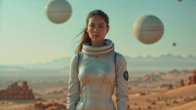 A futuristic astronaut woman with blonde hair stands on a desolate, alien desert landscape surrounded by large, hovering spheres. She wears a sleek, high-collared white spacesuit, looking intently ahe