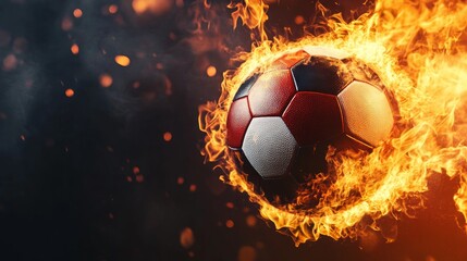 Fototapeta premium A soccer ball engulfed in flames against a dark background, representing passion and intensity.