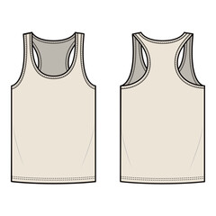 Front and back view technical flat of a beige racerback tank top with scoop neck, displayed in a minimalist outline style.
