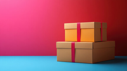 Obraz premium Stylish gift boxes in vibrant colors, stacked on bright blue surface against bold red and pink background, create cheerful and inviting atmosphere