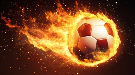 Fototapeta premium A soccer ball engulfed in flames on a dark background with sparks.