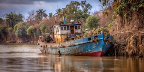 Obraz premium A weathered blue and red fishing boat rests among overgrown vegetation on a calm riverbank.