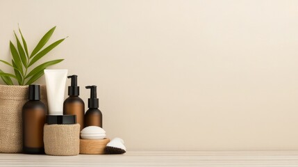 Elegant arrangement of organic skincare products on a neutral background for a calming aesthetic