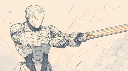 Fototapeta premium A detailed line drawing of a futuristic robotic warrior wielding a sword. Robotic Warriors. Illustration