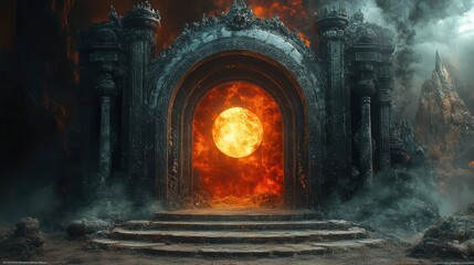 contrasting realms of heaven and hell depicted through ornate gates, representing the eternal choice between good and evil, light and darkness, in a visually compelling manner