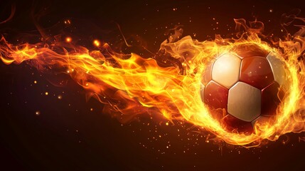 Fototapeta premium A soccer ball engulfed in flames with fire trailing behind it against a dark background.