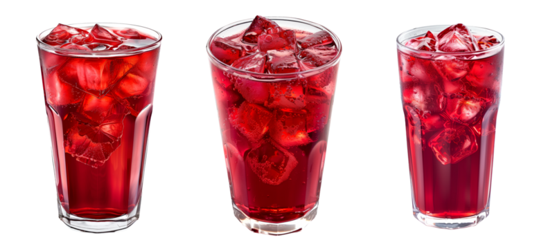 Refreshing red beverage or hibiscus ice tea served isolated on white transparent background.