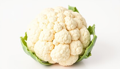 Fresh cauliflower with green leaves on a light background.