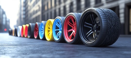 Colorful tires and rims on an urban street. AI generated illustration