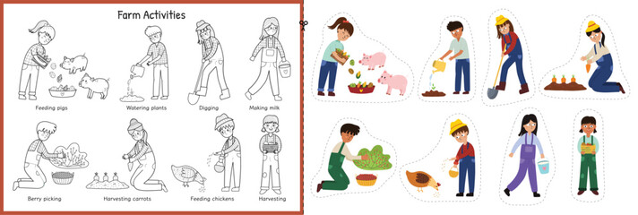 Cut and glue game with cute kids making different farm activities. Matching educational activity page for kids. Game for school and preschool. Vector illustration