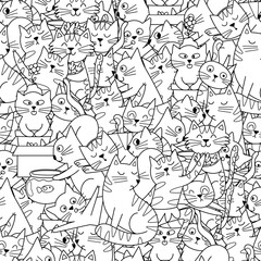 Cute cats black and white seamless pattern. Funny feline characters background for coloring book. Vector illustration