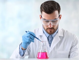 Scientist Conducting Experiment with Pink Liquid