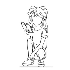 One continuous single drawing line art flat doodle child, book, person, girl, childhood, education, indoor, sitting, smiling, female. Isolated image hand draw contour on a white background