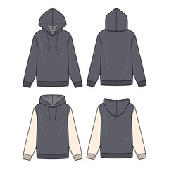 Set of hoodies in solid and color-block designs, shown in various color combinations with ribbed cuffs, waistband, and drawstring hood, illustrated in front and back views.
