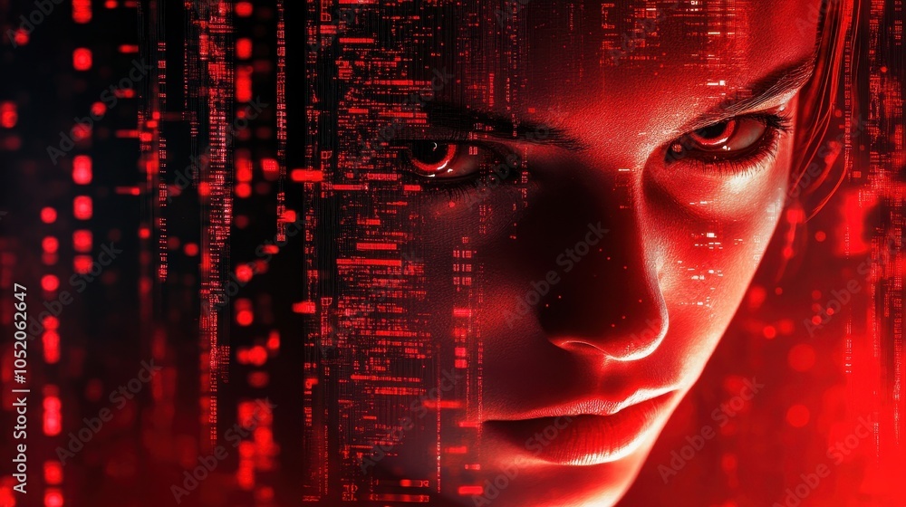 Poster genderless person face, red glowing abstract digital background. evil artificial intelligence threat